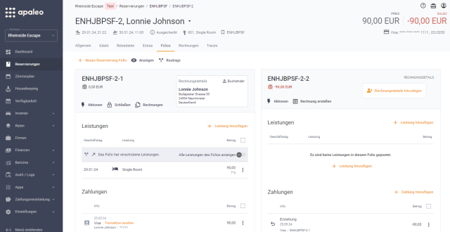 Apaleo Dashboard — Reservierung, Folios & Zahlungen
