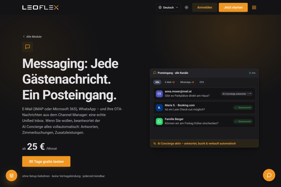 Modulseite Messaging „Jede Gästenachricht. Ein Posteingang.“ mit Posteingang-Vorschau und Preis ab 25 € pro Monat im dunklen Design