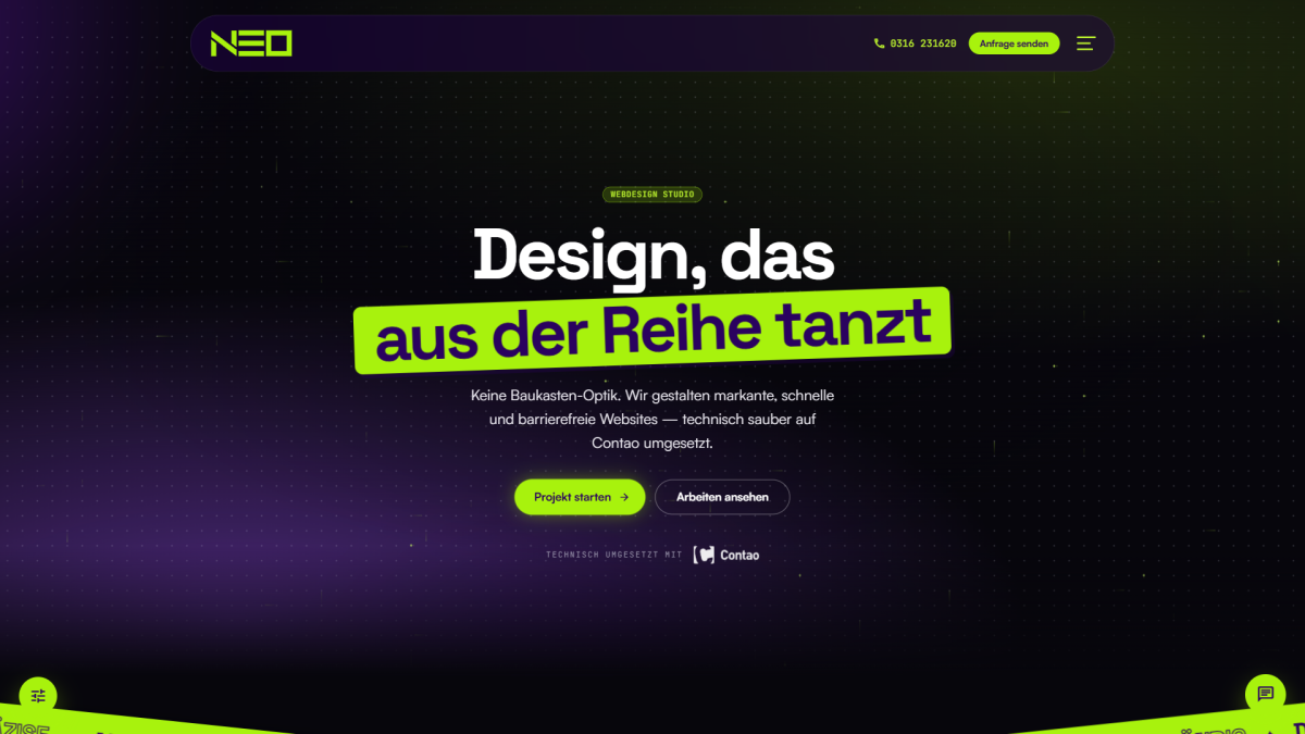 Startseite von neo-digital.at mit der Überschrift „Digitale Lösungen, die begeistern"