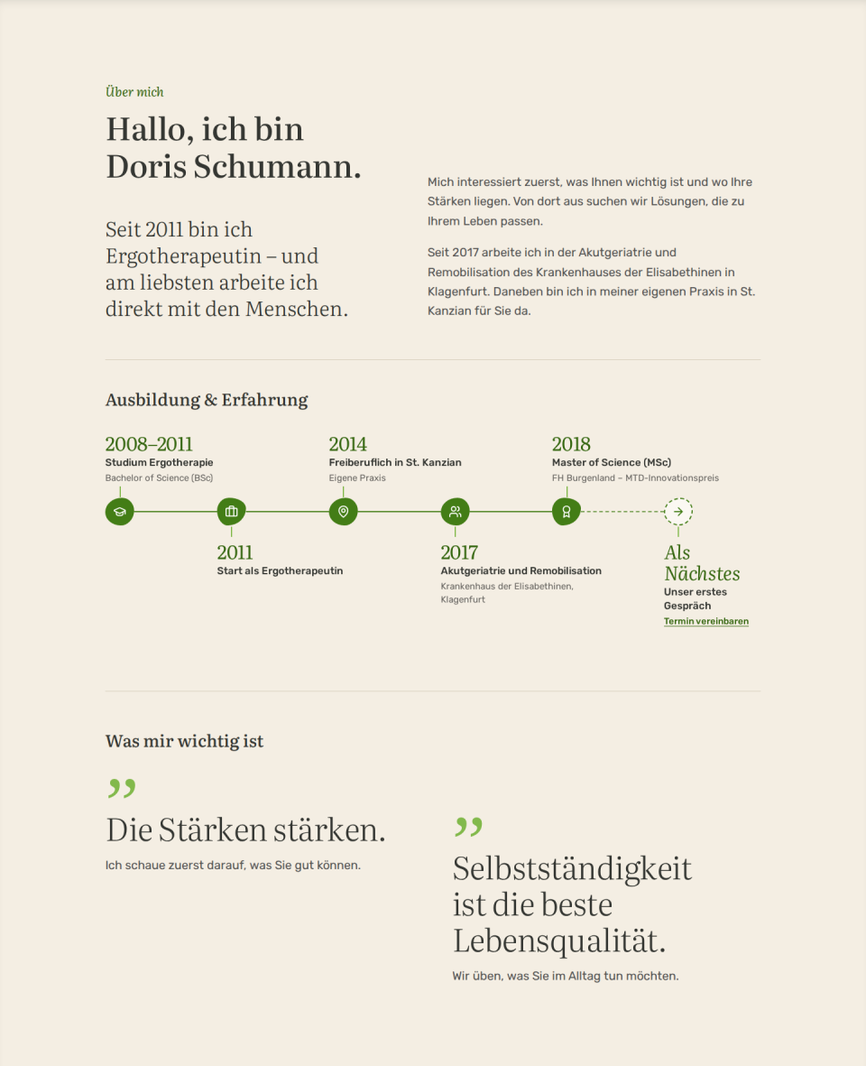 Abschnitt „Über mich": Begrüßung, Zeitstrahl „Ausbildung & Erfahrung" von 2008 bis 2018 und zwei Leitsätze