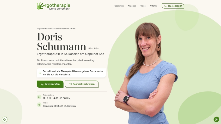 Startseite von ergotherapie-schumann.at mit Doris Schumann und der Überschrift „Doris Schumann, Ergotherapeutin in St. Kanzian am Klopeiner See"