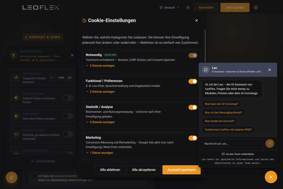 Drei Helfer der LeoFlex-Website übereinander: Barrierefreiheit-Panel, Cookie-Einstellungen und der KI-Chat Leo im dunklen Design
