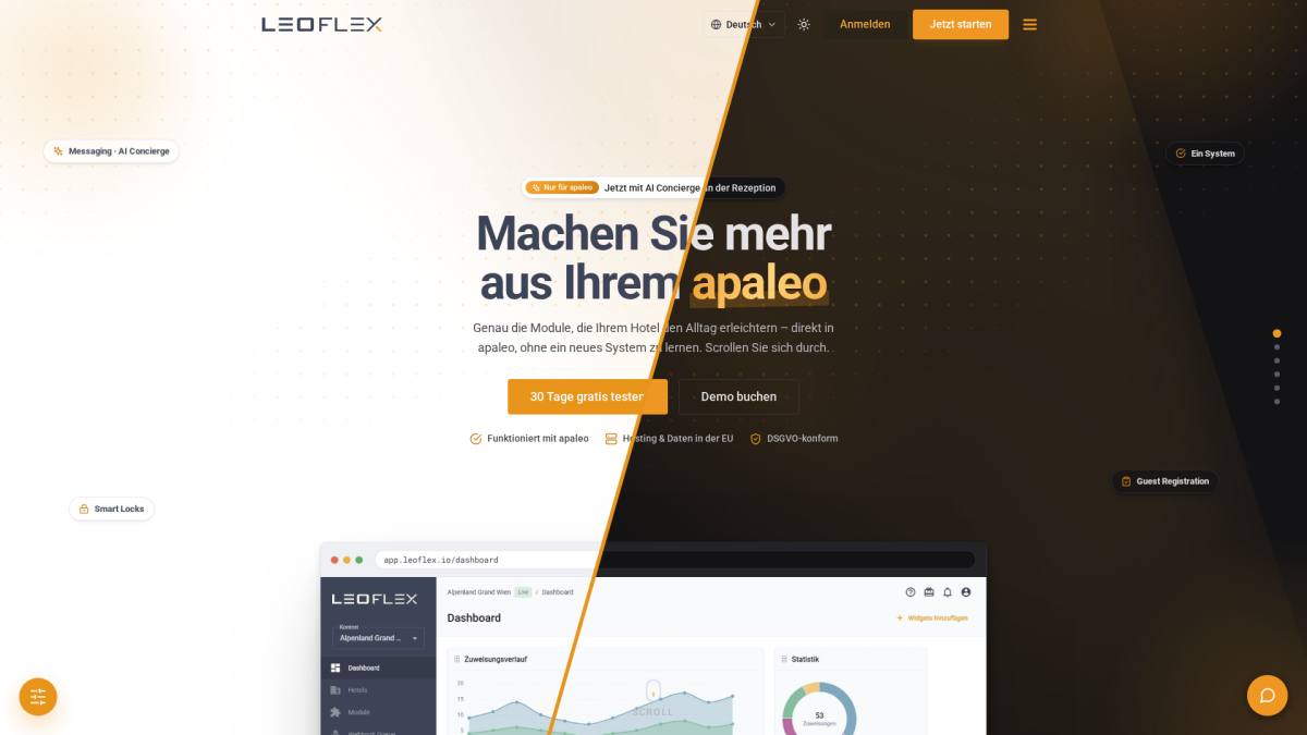 Startseite der LeoFlex-Website, links im hellen und rechts im dunklen Design — von NEO Digital gestaltet und gebaut