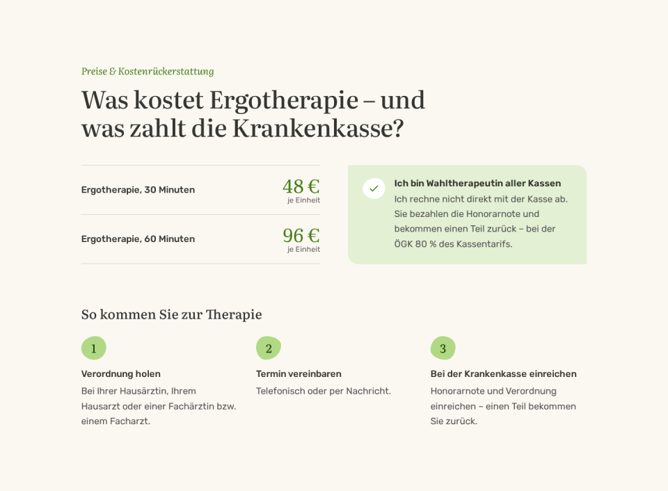 Abschnitt „Was kostet Ergotherapie": Preise für 30 und 60 Minuten, Hinweis zur Kostenrückerstattung und drei Schritte zur Therapie